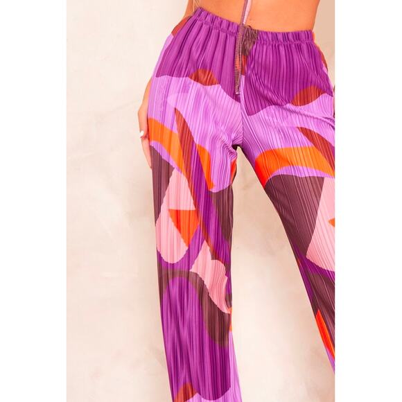 PrettyLittleThing Pink Print Plisse High Waist Wide Leg Trousers US Size 8 NWT - Picture 3 of 5